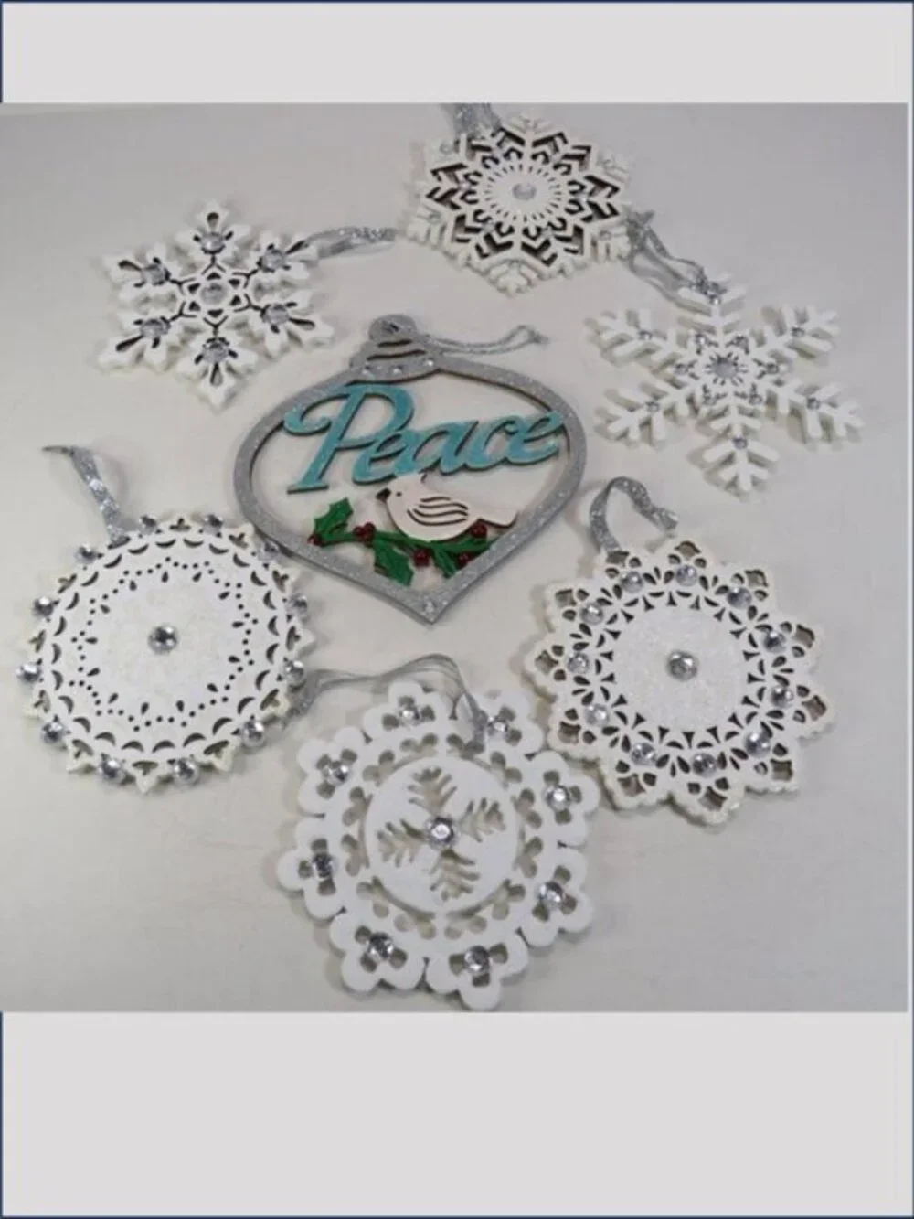 White Wood Snowflake (7) Ornaments Blue Peace Bird Christmas Holiday Decor